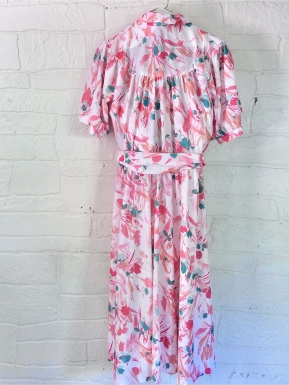 Vintage Floral Dress Pink Red Retro Midi Teal - Picture 2 of 2
